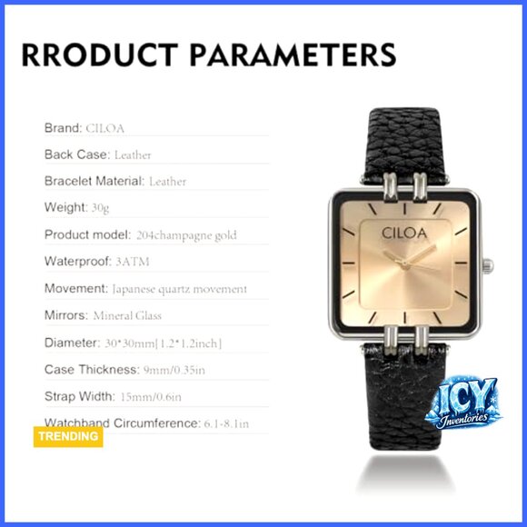 Gold-Tone Stainless Steel Case Black Leather Strap Square Watch main image 7